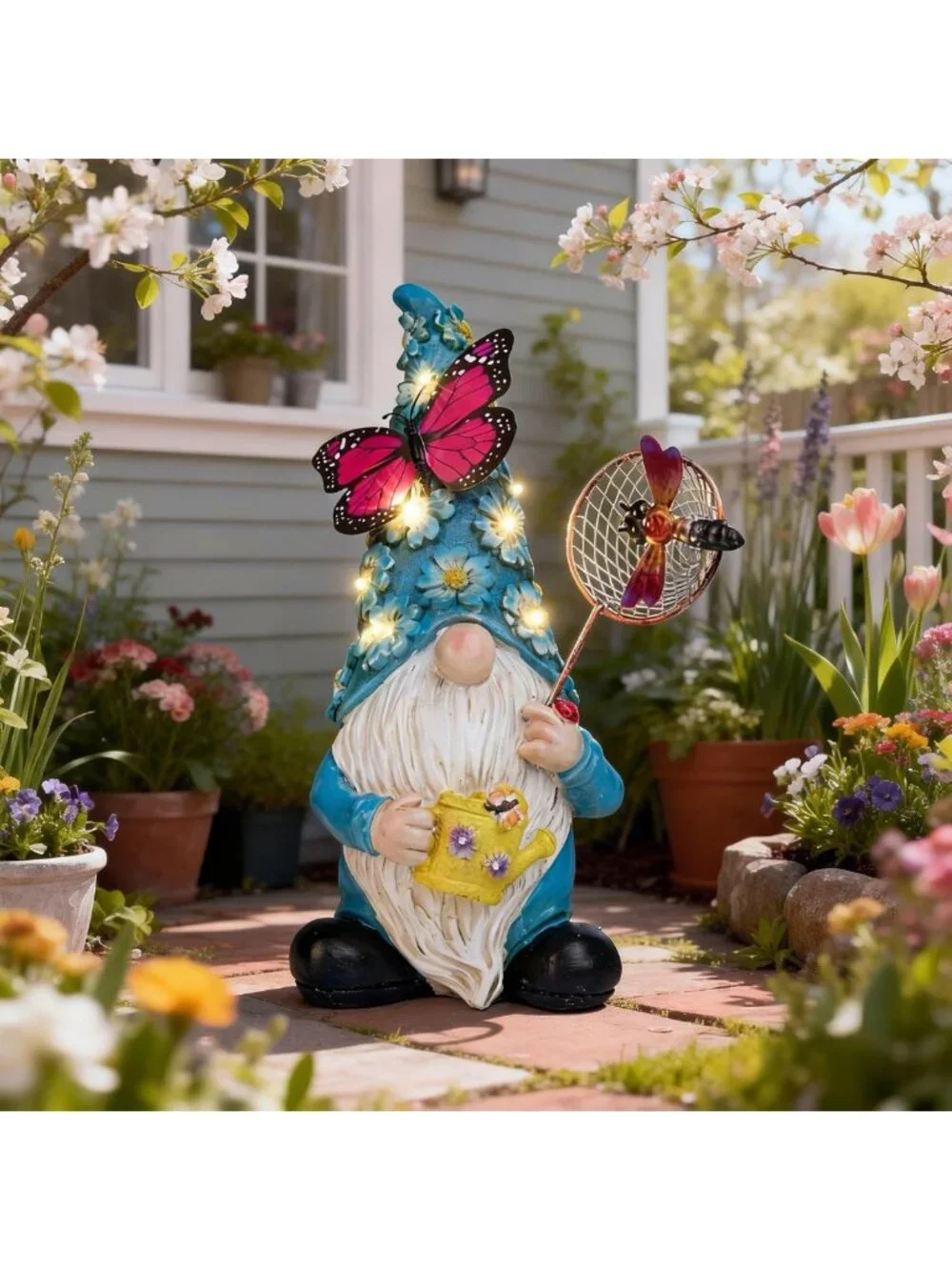 Solar Garden Gnome Statue with Butterfly & LED Flowers - Outdoor Decor for Patio